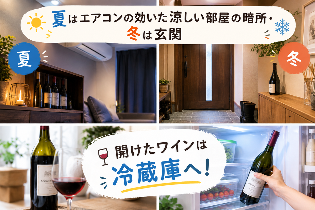 夏はエアコンの効いた涼しい部屋の暗所・冬は玄関！開けたワインは冷蔵庫へ！